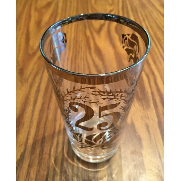 25th Wedding Anniversary Tumbler Drink Glass‎ Silver Rim Frosted Floral Vtg - Picture 9 of 9